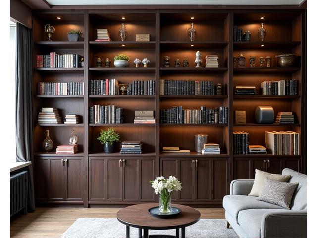 Op maat gemaakte bibliotheekkast van donker hout tot aan het plafond