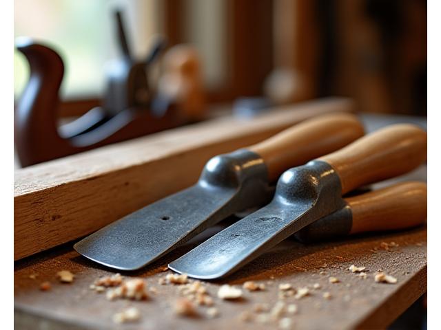 Een gedetailleerd shot van houtbewerkingsgereedschap en houtkrullen in een ambachtelijke werkplaats.