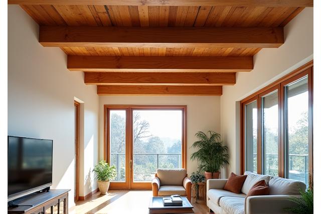 Zichtbare houten plafondbalken in modern interieur